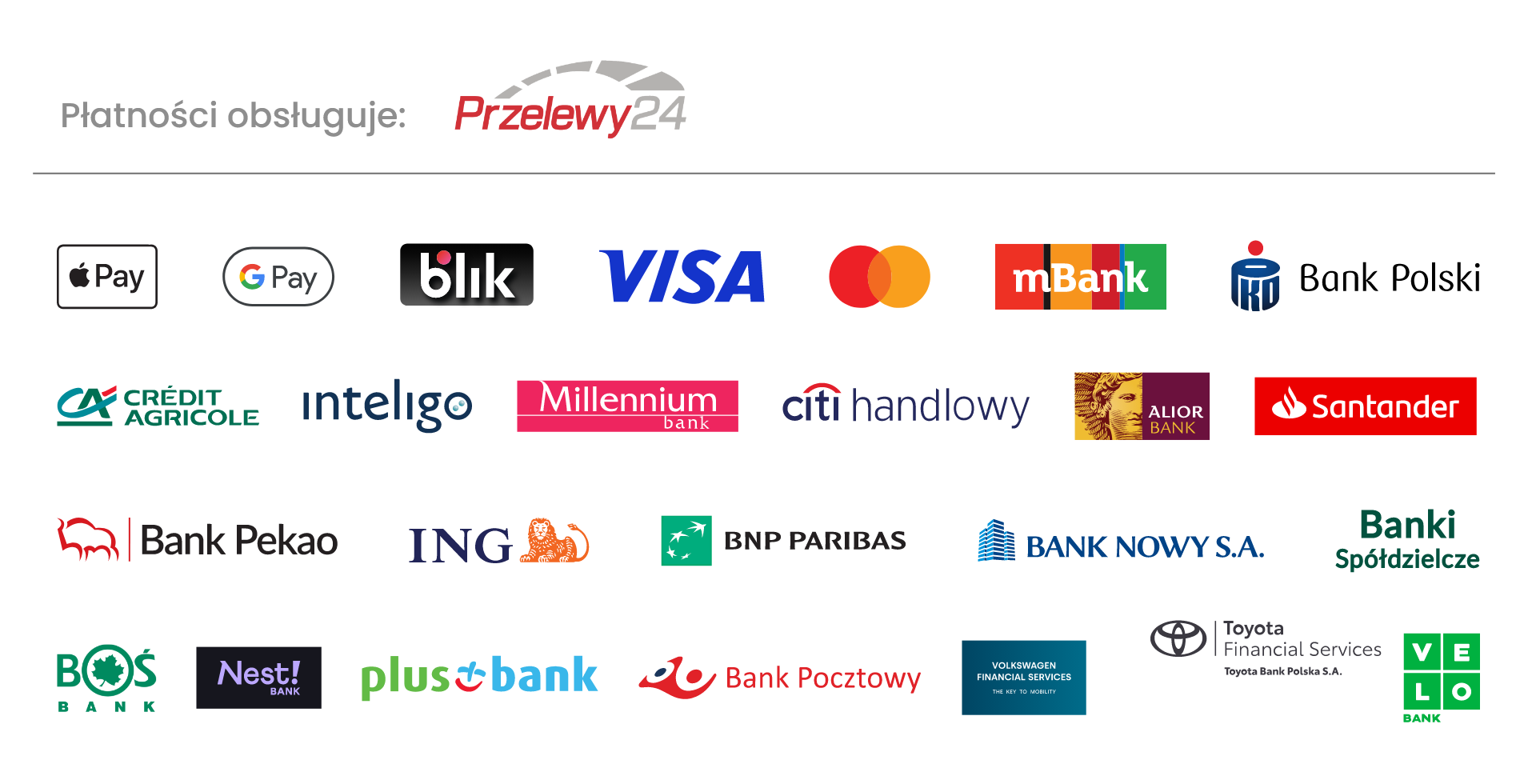Płatności obsługuje Przelewy24. Visa, Mastercard, BLIK, Apple Pay, Google Pay oraz przelewy bankowe.