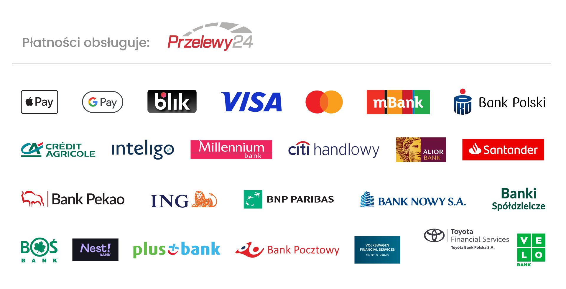 Płatności obsługuje Przelewy24. Visa, Mastercard, BLIK, Apple Pay, Google Pay oraz przelewy bankowe.
